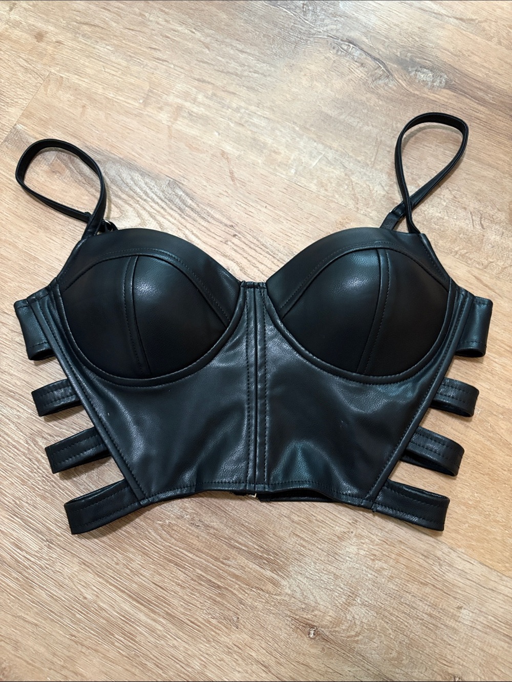 Haute Monde Black Faux Leather Bustier Bra